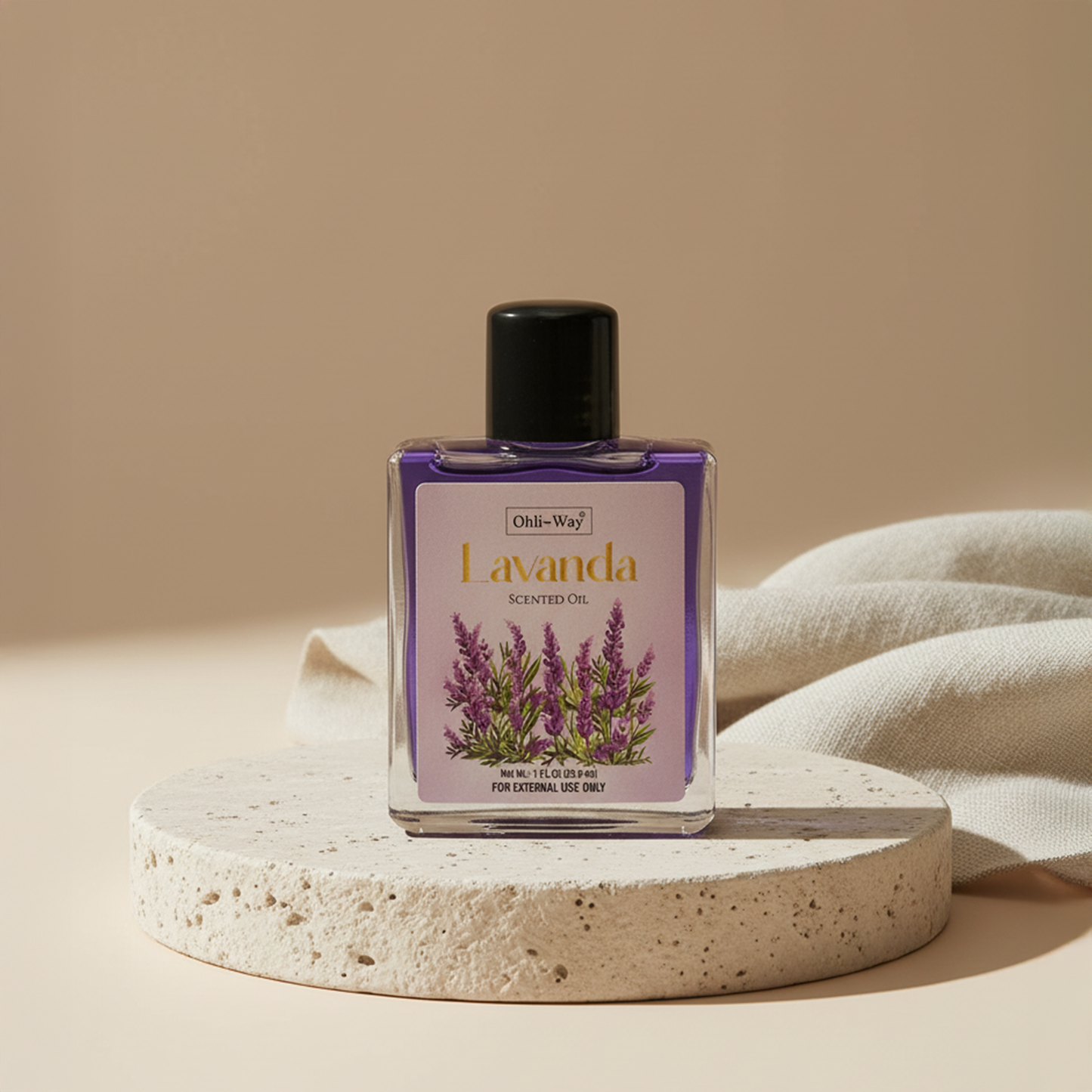 Lavender scented oil bottle on a beige background