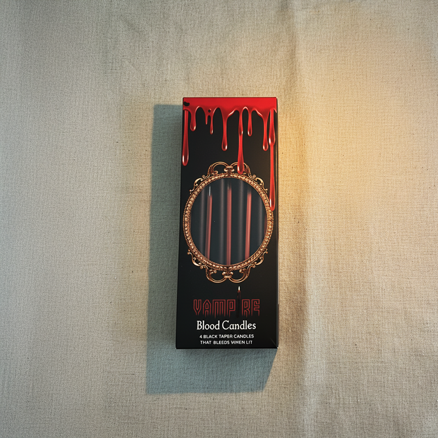 Vampire-themed product packaging with red liquid effect on a textured surface