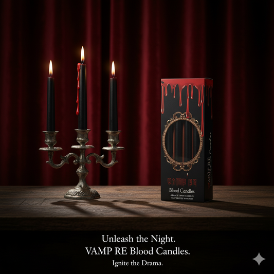 VAMPIRE Blood Candles with a candelabra and red curtain background