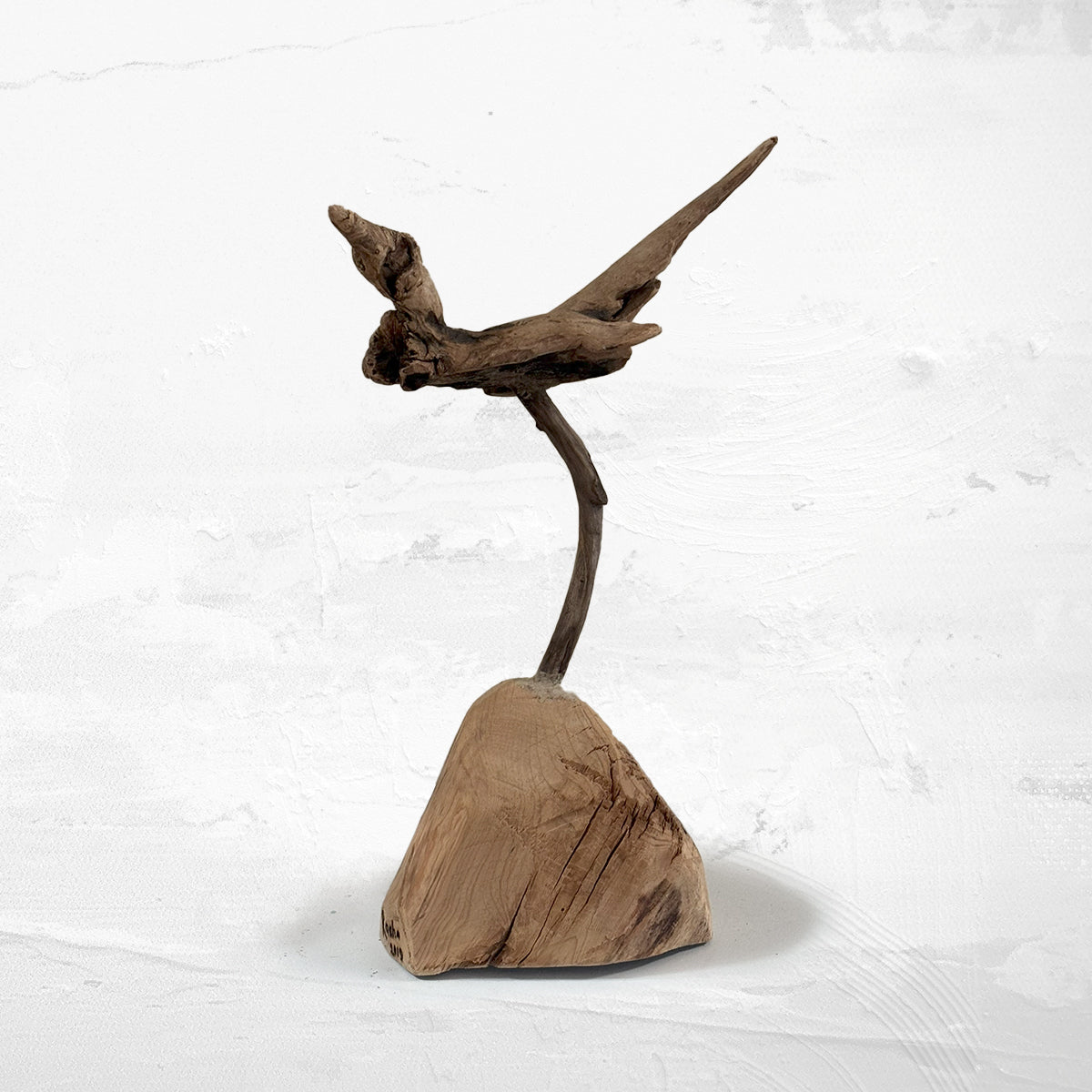 Open Palette eco-friendly home decor bird driftwood sculpture on wooden base natural minimalist accent piece