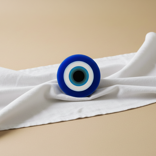 Blue and white evil eye charm on a white fabric background