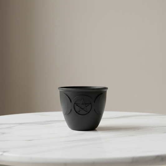 Black iron cup with symbols on a marble surface