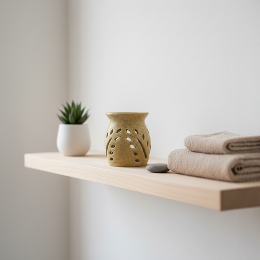 Wooden shelf with a plant, decorative oil burrner, and folded towels against a white wall.
