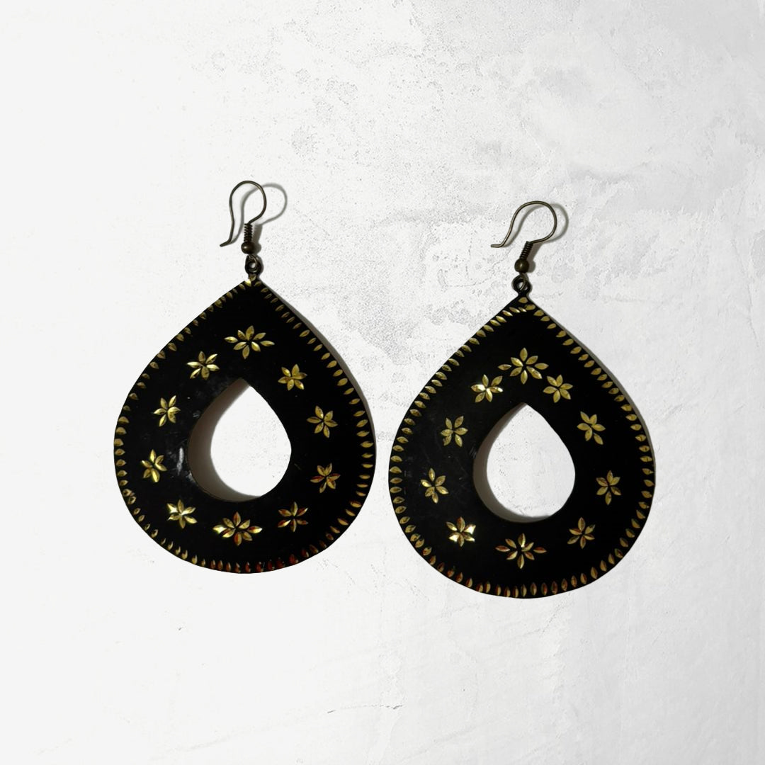 Open Palette black teardrop dangle earrings for women with gold floral design and hook closures