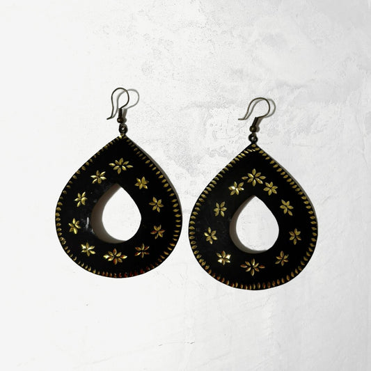 Open Palette black teardrop dangle earrings for women with gold floral design and hook closures